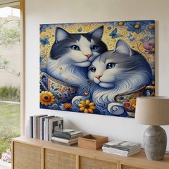 Blue and White Cats in Colorful Teacups with Flowers and Butterfly Canvas Art