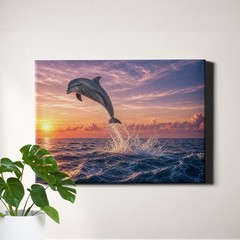 Dolphin Sunset Ocean Canvas Print Leaping Sea Life Golden Sky