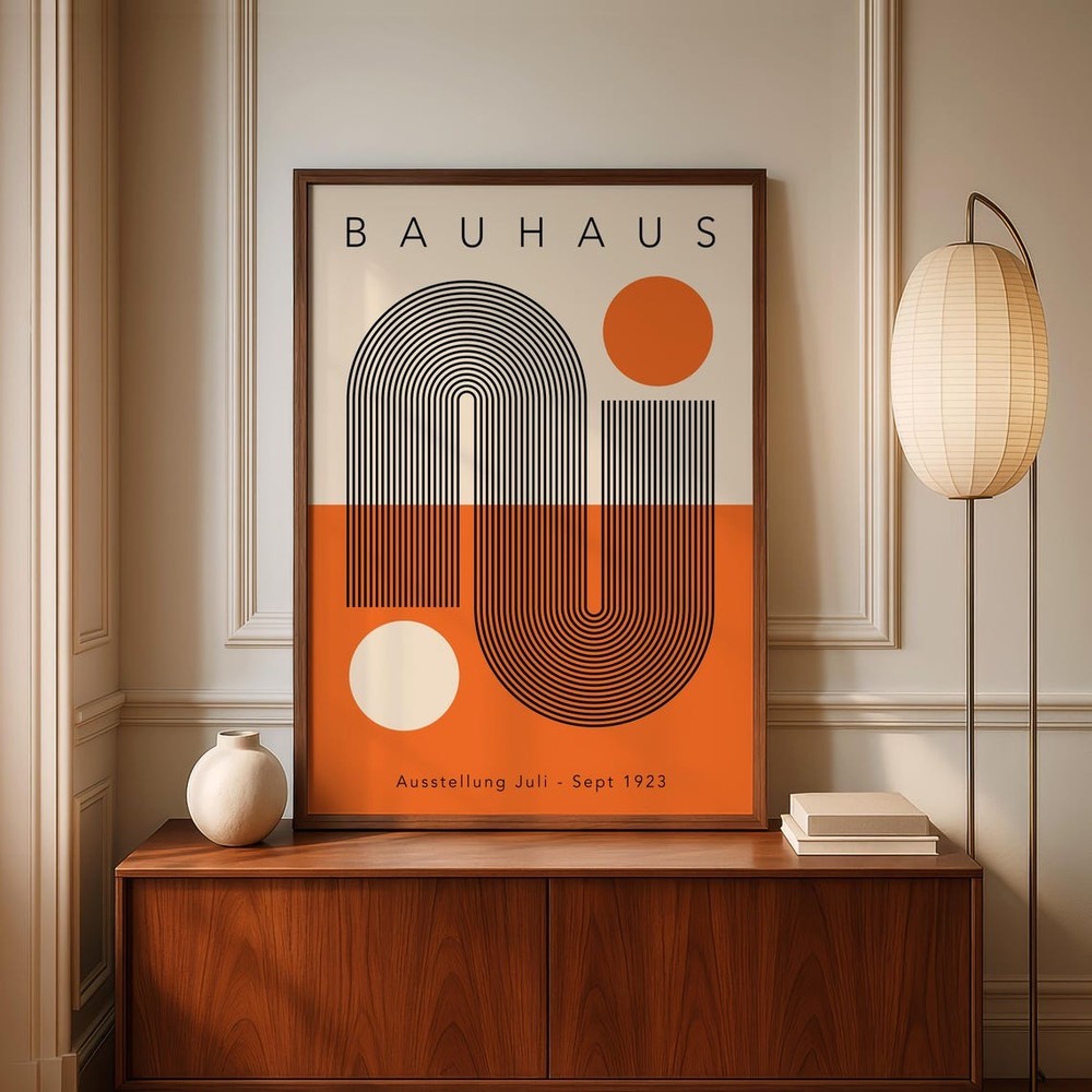 Orange Bauhaus Geometric Art Print, Mid Century Modern Wall Decor Poster