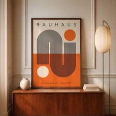 Orange Bauhaus Geometric Art Print, Mid Century Modern Wall Decor Poster