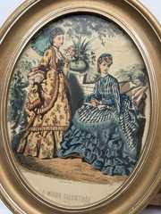 2 vintage Framed Victorian French Fashion Prints La Mode Illustree oval set