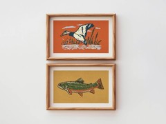 Retro Wildlife Print Set of 2, Mallard and Fish Wall Art, Gift for Dad