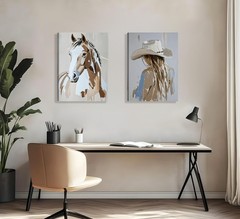 2pcs Framed Western Cowboy Girl Wall Art Oil painting style Cowboy Girl and H…