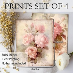 Wall Art Prints Vintage Pink Floral Set of 4 8×10 Inches Shabby Chic Botanical