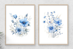 Floral Wall Art Prints, Set of 2 Blue Floral Wall Art Decor Prints, Home Decor