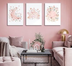 3Pcs Framed Pink Wildflower Wall Art Sun Moon Canvas Posters Prints Bohemia p…