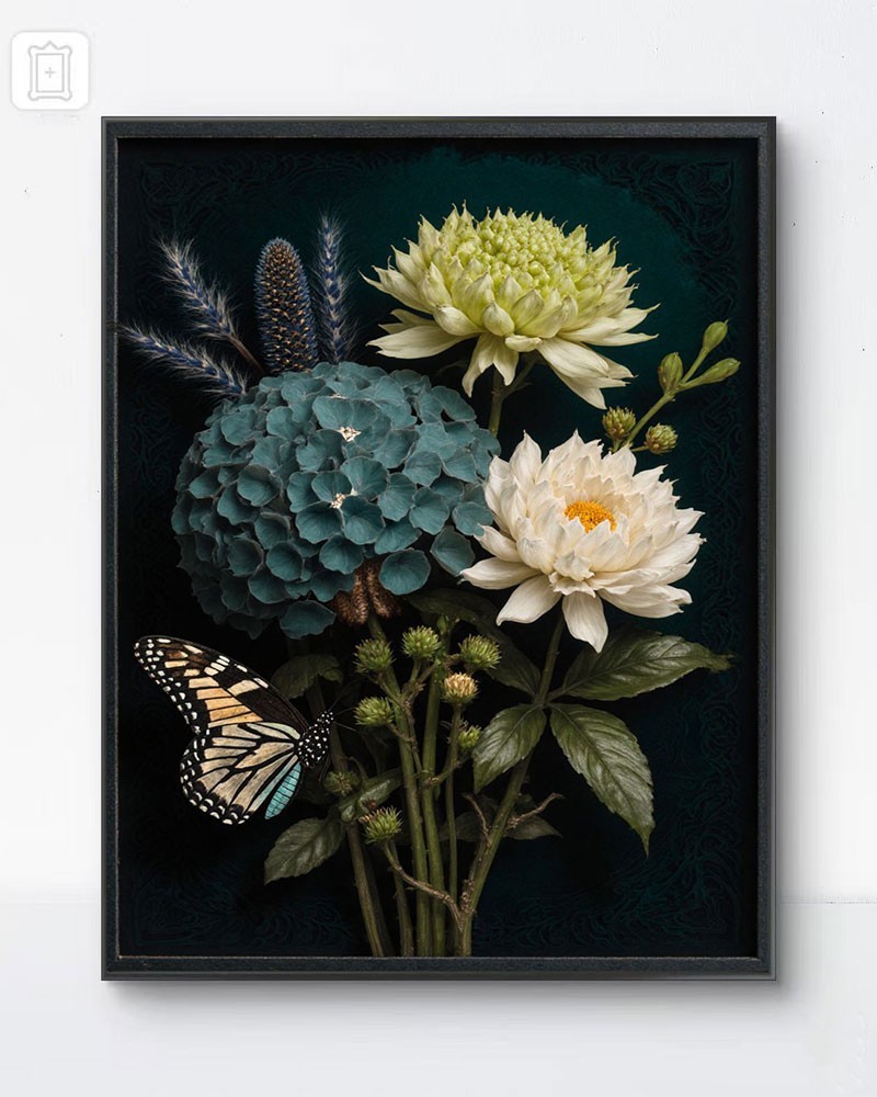 Handmade Oil Painting Floral Still Life Butterfly Hydrangea Wall Art Framed Dark