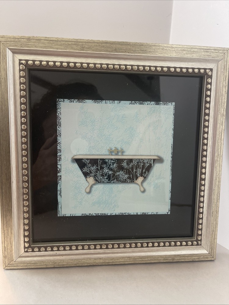 Bathtub Bathroom Print Blue/Black Wall Art Ornate Gold Framed 11.5 Sq.