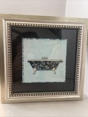 Bathtub Bathroom Print Blue/Black Wall Art Ornate Gold Framed 11.5 Sq.