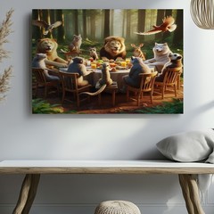 Wildlife Gathering Canvas Wall Art Forest Animals Dining Table Nature Print