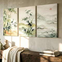 3 Pieces Serene Bamboo Mountain Landscape Soft Tones Large Wall Art Set Of 3