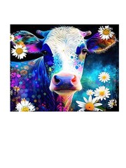20×16 Cow in Blue Daisy Watercolor Nursery Wall Art Canvas Print