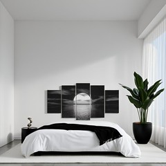 5 Piece Black and White Moon Wall Art Ocean Full Moon Picture Canvas Prints L…