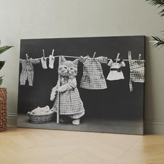 Cats Kittens Hanging Up The Wash 1800s funny animals Canvas Wall Art Print