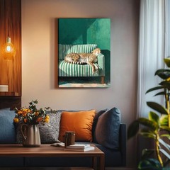 Framed Green Cheetah Canvas Wall Art Leopard Sleeping Cheetah on Sofa Picture…