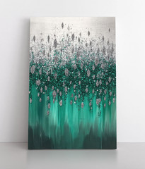 Emerald & Silver Glitter Cascade Abstract Painting Print, Framed Canvas Wall Art