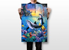 Dolphin Waterfall Animal Artwork Painting Wall Art Home Decor – POSTER 20×30