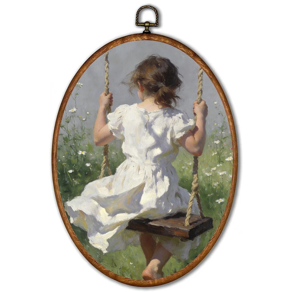 Vintage Rustic Kitchen Oval Wall Art Decor,Country Little Girl Swing Floral O…