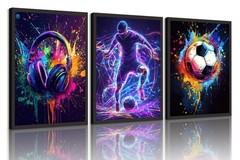 3PCS Boys Neon Splash Soccer Wall Art Colorful Headphone and Soccer wall deco…