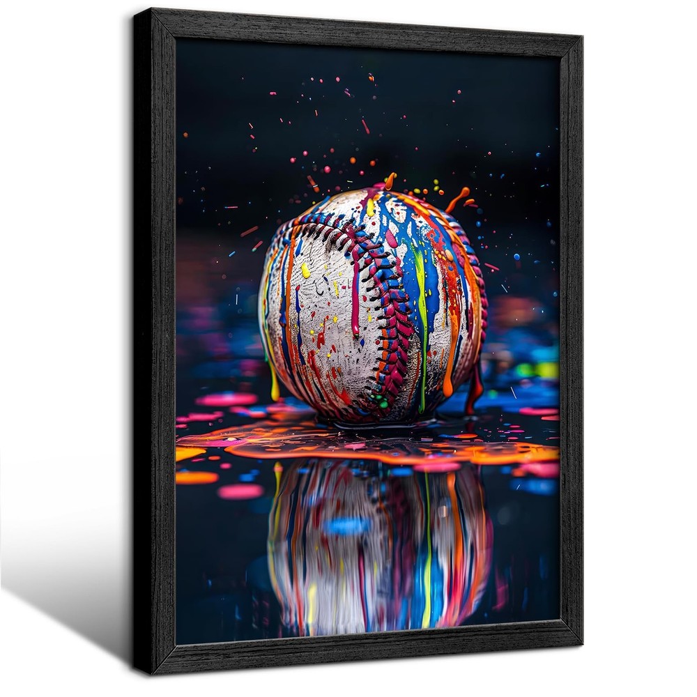 Black Solid Wood Framed Graffiti Baseball Wall Art, 8×10 Inch Colorful Sports…