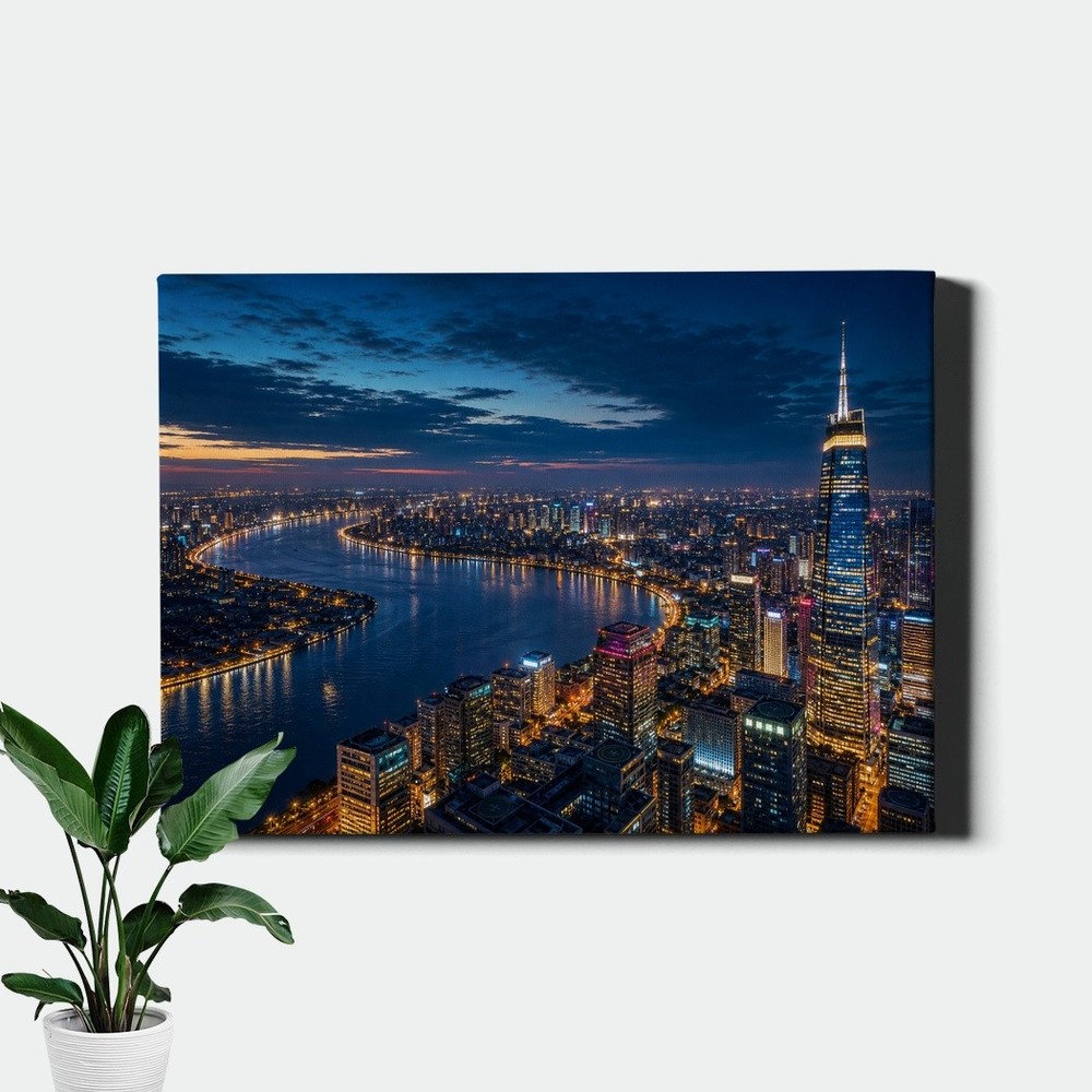 City Skyline at Night Canvas Art Aerial Lights Urban Panorama