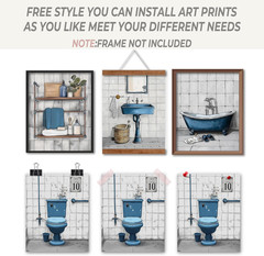 Vintage Blue Rustic Bathroom Canvas Wall Art Prints Set of 4, Retro Nostalgic Fa