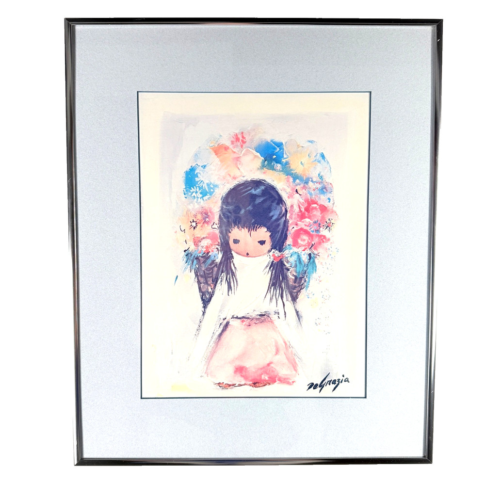 DeGrazia Flower Girl Print Vintage Southwestern Fine Art Silver Metal Frame MCM