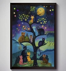 Canvas Wall Art Colorful Cats in a Tree Whimsical 12 x 16 Unframed 742