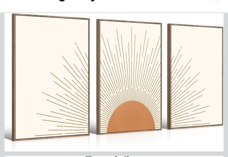 Boho Minimalist Wall Art Set of 3 Framed Canvas Prints with Sun Rising -NEW