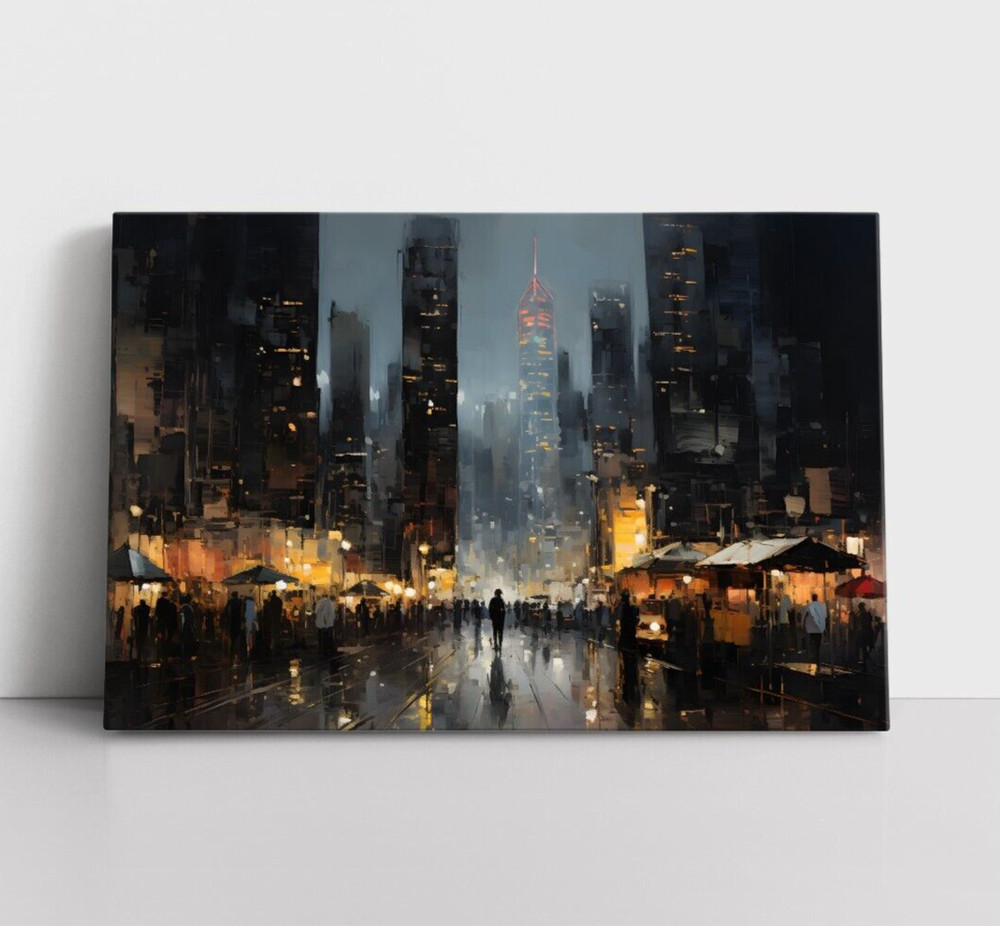City Night Market Painting | Classic Cityscape Oil Painting on Framed Canvas Art