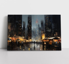 City Night Market Painting | Classic Cityscape Oil Painting on Framed Canvas Art