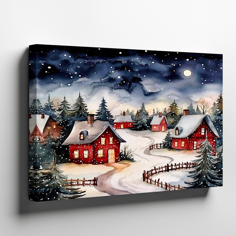 Cozy Winter Village Canvas Wall Art Snowy Red Houses Moonlight Forest Print