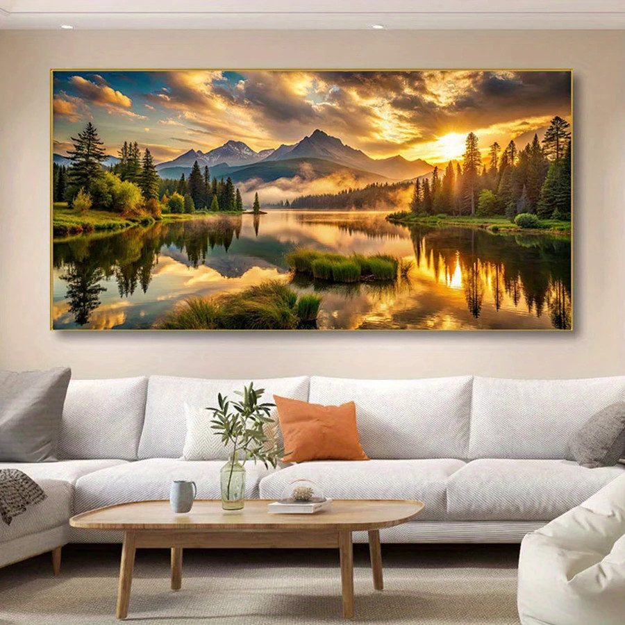 Golden Sunrise Mountains With Reflecting Water Canvas Painting Wall Art Picture