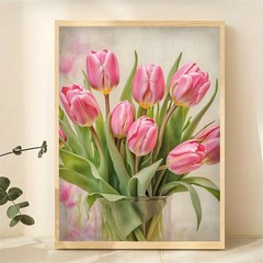 Framed Canvas Pink Tulip Glass Vase Soft Vintage Floral Decor