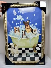 Sapna Shah Framed Wall Art Dogs in A Bubble Bath Tub Home Decor 18”x 12” NEW