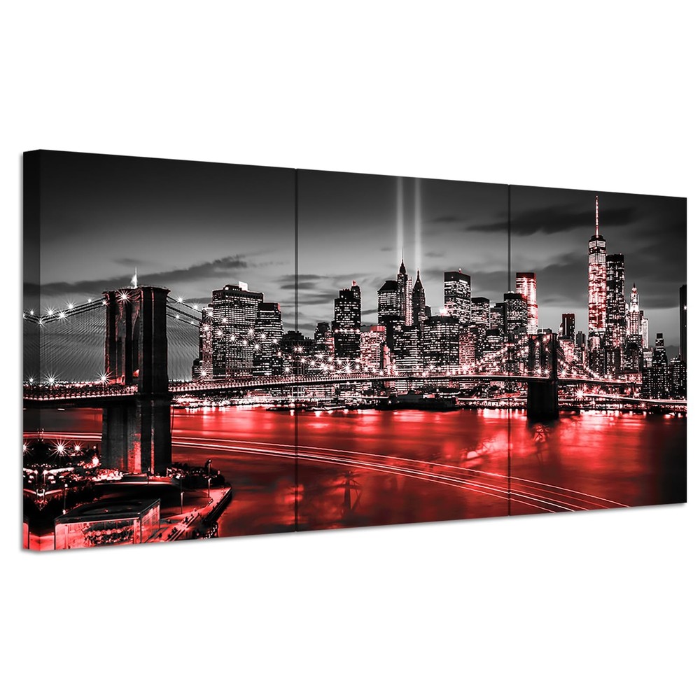 Conipit New York Brooklyn Bridge Canvas Wall Art Black and White Red City Pic…
