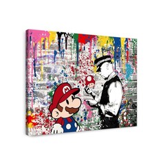 Banksy Mario Canvas | Graffiti Wall Art | Mario & Cop Mushroom Print