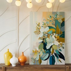 Abstract Modern Floral Canvas Wall Art Blue White Yellow Green Botanical Leaves