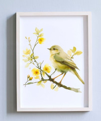 Bird Wall Art Print, Bird on a Branch, Yellow Flowers Wall Art Decor, Home Decor