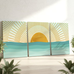 3 Pieces Sunrise Over Ocean Abstract Warm Large Wall Art for Living Set Of 3