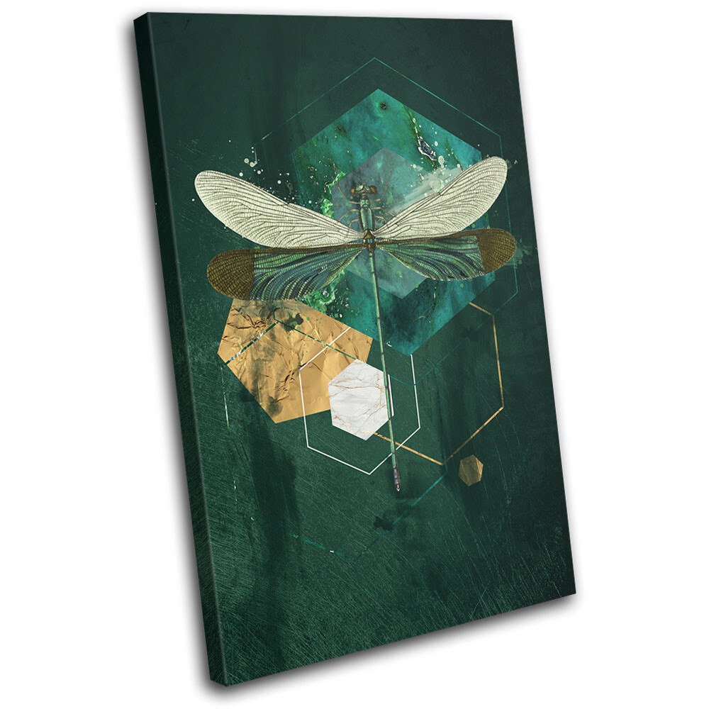 Dragonfly Geometric Green Animals SINGLE CANVAS WALL ART Picture Print