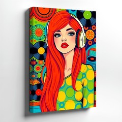 Wall Art Retro Pop Art Redhead Woman Headphones Vinyl Records Colorful Print