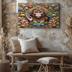 Colorful Spiritual Monkey with Ornamental Floral Design Abstract Wall Art Print