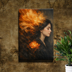 Surreal Woman Portrait Art Print Orange Smoke And Floral Art Deco Style