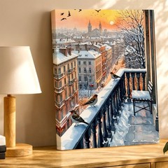 Wall Art Winter City Street Oil Painting Snowy Town Reflection Landscape Decor