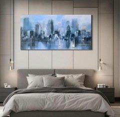 Blue Canvas Wall Art Modern Abstract Cityscape Picture Textured Painting, New…