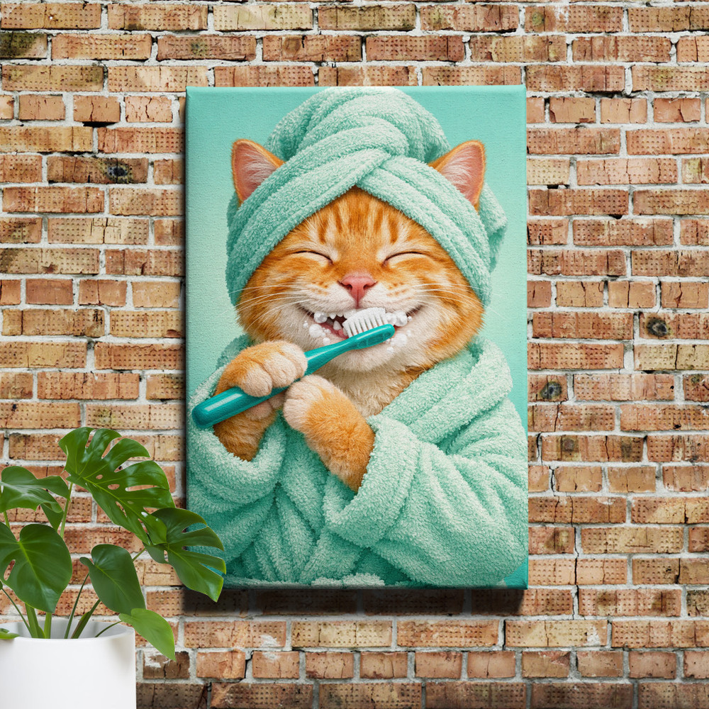 Cat in Mint Green Bathrobe Brushing Teeth Framed Canvas Print 16x24inch
