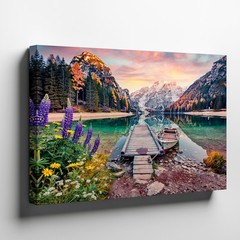 Lake Mountain Landscape Canvas Wall Art with Dock Boat and Colorful Flowers