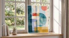 Mid Century Modern Geometric Shapes Wall Art Teal Blue Yellow Poster Print