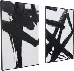 Chic 2-Piece Framed Black & White Abstract Paintings – Ideal for Living Spaces